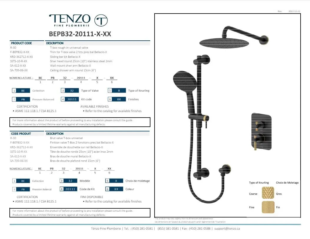 Tenzo Bellacio C BEPB32-20111 Shower Faucet Kit Knurled Design - Image 2
