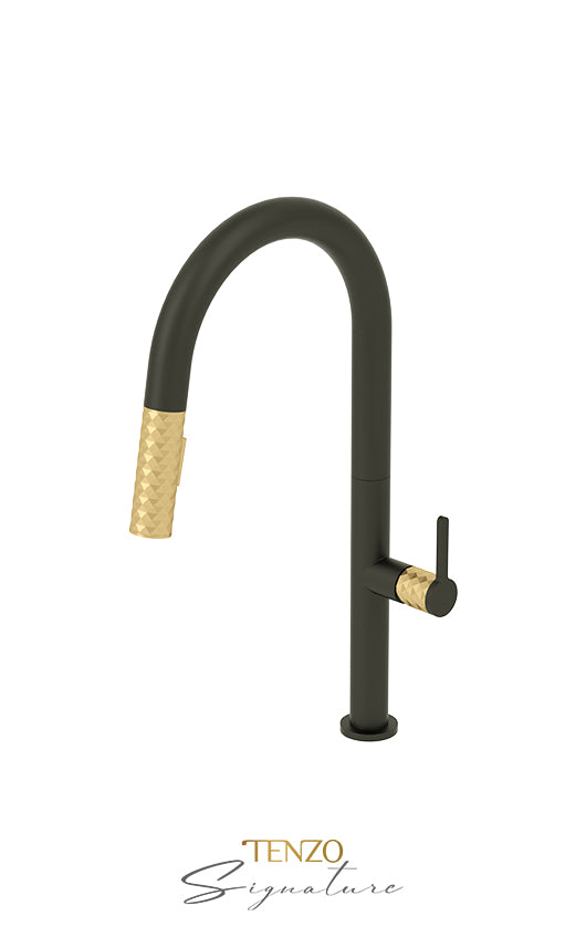 Tenzo Single-handle kitchen faucet Calozy with pull-down & 2-Function hand shower matte black / brushed gold CA130-MB-BG - Image 2