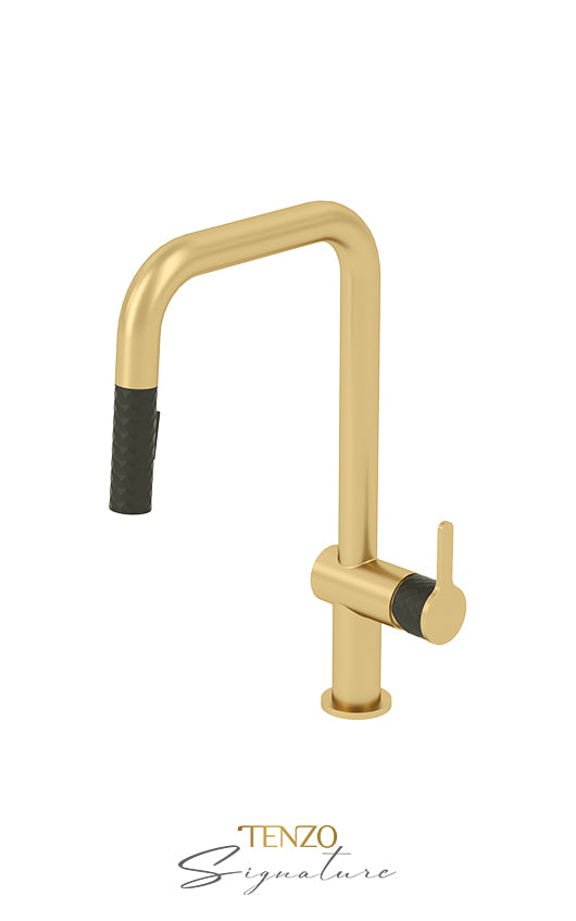 Tenzo Single-handle kitchen faucet Calozy with pull-down & 2-Function hand shower brushed gold / matte black CA131-BG-MB