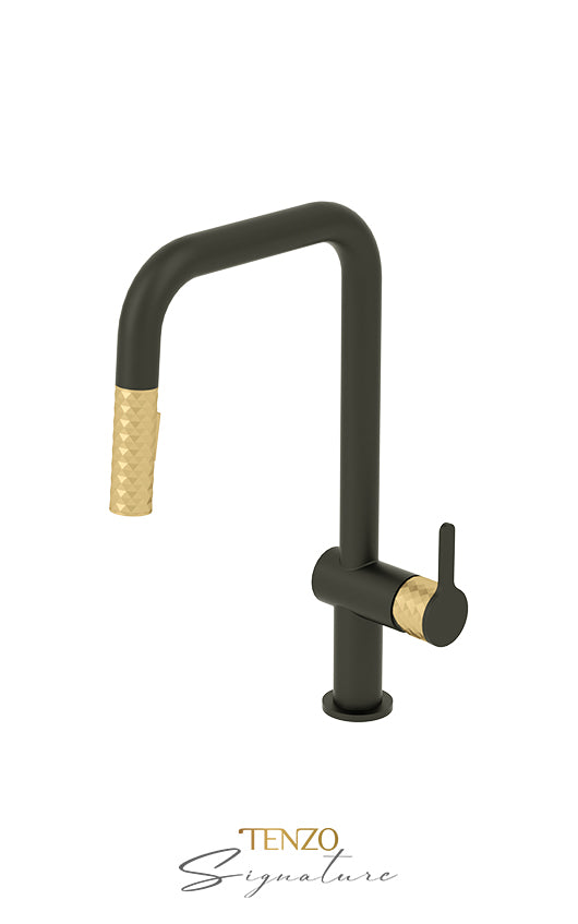 Tenzo Single-handle kitchen faucet Calozy with pull-down & 2-Function hand shower matte black / brushed gold CA131-MB-BG - Image 2