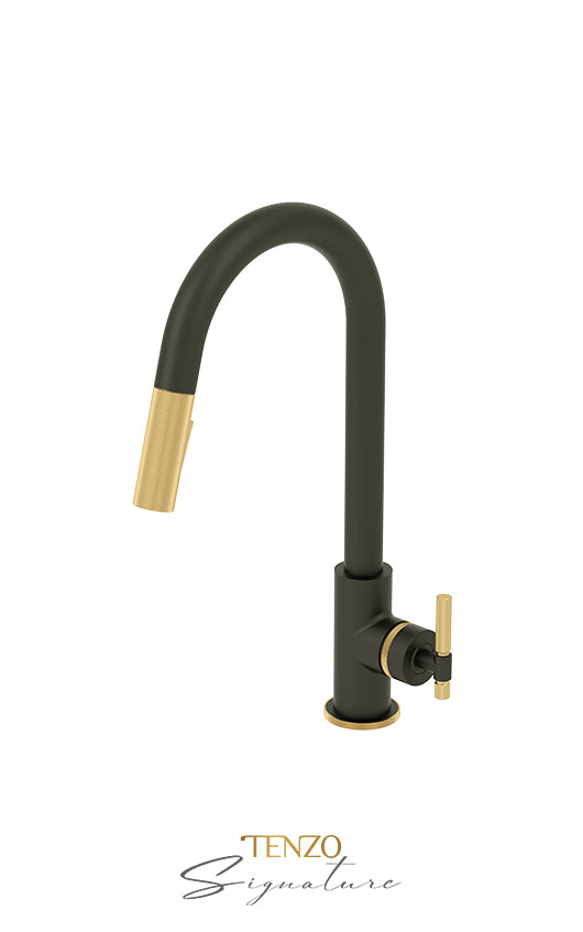 Tenzo Single-handle kitchen faucet Bellacio with pull-down & 2-Function hand shower matte black / brushed gold BE130-F-MB-BG - Image 2